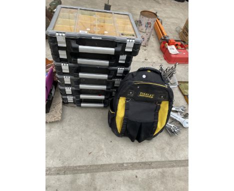 SIX PLASTIC STANLEY HARD WARE STORAGE BOXES AND A STANLEY TOOL BAG 