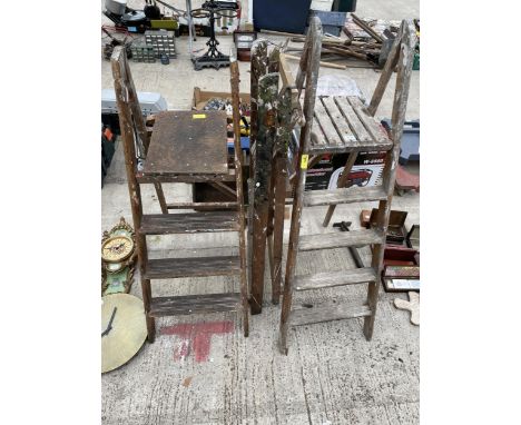 THREE VARIOUS VINTAGE WOODEN STEP LADDERS 