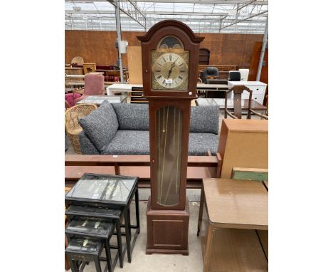 A MODERN HERMLE LONGCASE CLOCK  WITH THREE WEIGHTS AND GLASS DOOR 