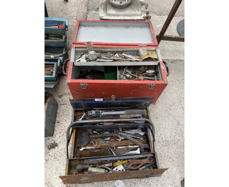 TWO TOOL BOXES WITH AN ASSORTMENT OF TOOLS TO INCLUDE CHISELS, SPANNERS AND A POT RIVOTER ETC 