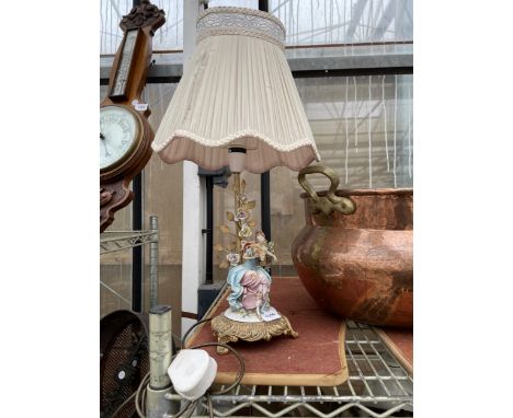 A DECORATIVE BRASS TABLE LAMP WITH CERAMIC FEMALE FIGURE 