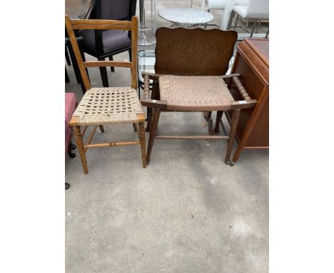 A BEECH FRAMED STOOL, FOLDING FIRESCREEN/TABLE AND A BEDROOM CHAIR 