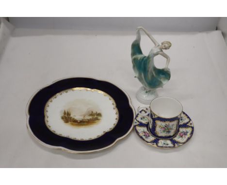 A VINTAGE ROYALE WORCESTER 'SCALE BLUE' COFFEE CAN AND SAUCER, ROYAL WORCESTER HAND PAINTED CABINET PLATE PLUS AN ART DECO ST