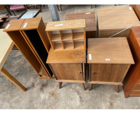 A PAIR OF RETRO ALFRED COX STYLE BEDSIDE LOCKERS, TWO CD RACKS AND A SIX DIVISION SMALL WALL SHELF 