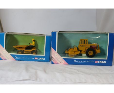 TWO DIECAST CORGI MODELS 64801 DUMPER TRUCK - WIMPEY TIPPING DUMPER AND TY 86001 ROAD ROLLER - WIMPEY ROTATING ROLLER 