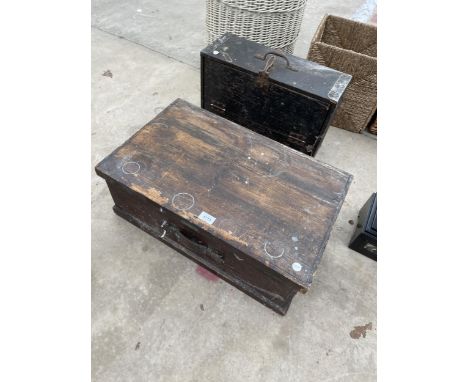 TWO VINTAGE WOODEN TOOL CHESTS WITH AN ASSORTMENT OF HAND TOOLS TO INCLUDE A BRACE DRILL AND HAMMERS ETC 