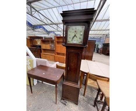 A 19TH CENTURY OAK AND CROSSBANDED 30 HOUR LONGCASE CLOCK WITH SQUARE PAINTED ENAMEL DIAL HAVING ROMAN NUMERALS 