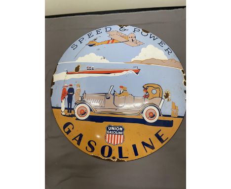 AN ENAMEL UNION GASOLINE SIGN, DIAMETER 30CM 