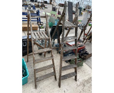 TWO VARIOUS SETS OF VINTAGE WOODEN STEP LADDERS 