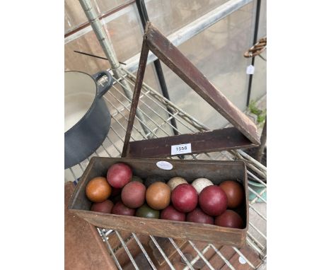 A SET OF SMALL VINTAGE POOL BALLS AND A TRIANGLE 