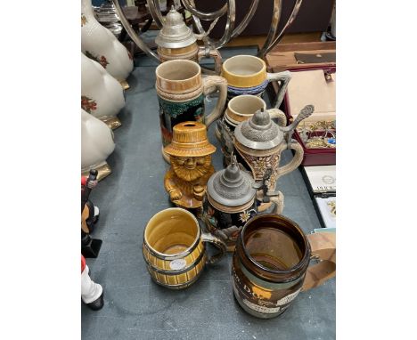 A COLLECTION OF VINTAGE STEIN TANKARDS, ETC - 9 IN TOTAL 