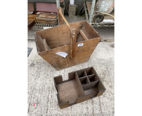 A VINTAGE WOODEN TRUG AND A DESK TIDY 