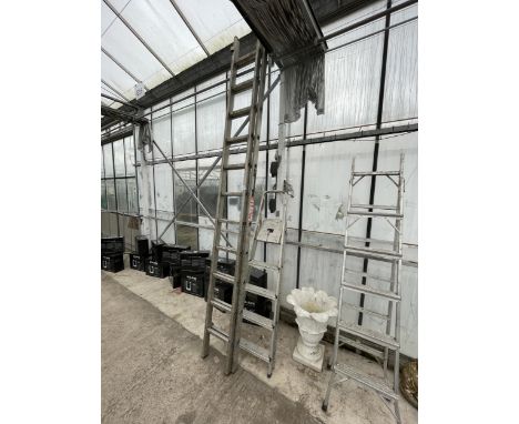 A FOUR RUNG ALUMINIUM STEP LADDER AND A TWO SECTION 22 RTUNG EXTENDABLE LADDER 