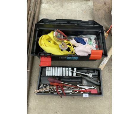 A PLASTIC TOOL BOX WITH AN ASSORTMENT OF HAND TOOLS TO INCLUDE SOCKETS AND SPANNERS ETC 