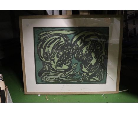 A MID CENTURY ABSTRACT PENCIL SIGNED LIMITED EDITION PRINT ENTITLED 'BORN OF SAMMA FORD', 58 X 72 CM, GLASS A/F 