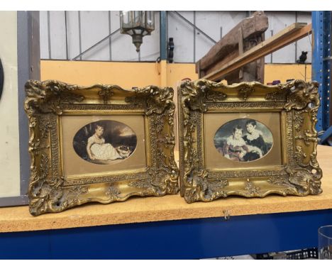 TWO CRACKLED GLAZED PRINTS IN ORNATE GILT FRAMES PRINT SIZE 17" X 12" 