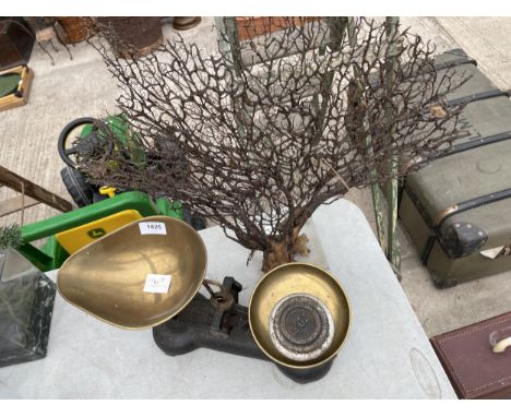 A SET OF VINTAGE BALANCE SCALES AND WEIGHTS AND AN ARTIFICIAL BUSH 
