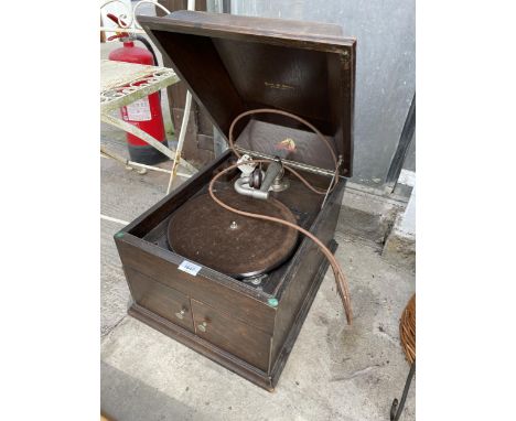 A VINTAGE HIS MASTERS VOICE GRAMAPHONE CONVERTED TO ELECTRIC 