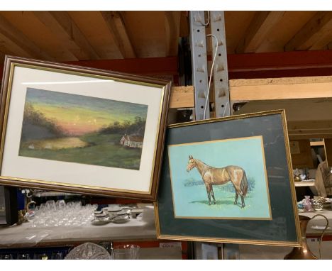 A PRINT OF A RACEHORSE PLUS A PAINTING OF A COTTAGE BY A RIVER AT SUNSET 