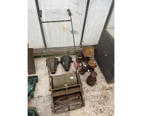 AN ASSORTMENT OF VINTAGE ITEMS TO INCLUDE SCALES, GUTTER HOPPERS AND A LAWN MOWER ETC 