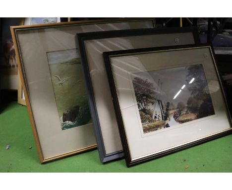 THREE SIGNED WATERCOLOURS OF COATAL AND MOUNTAIN SCENES, PLUS AN ALAN FIRTH PRINT OF A BARGING SCENE 