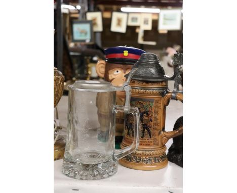 A GLASS STEIN WITH PEWTER LID ENGRAVED WITH THE FALKLAND ISLANDS, VINTAGE CERAMIC STEIN AND 'SERGEANT CHIMP' PG TIPS MONEY BO