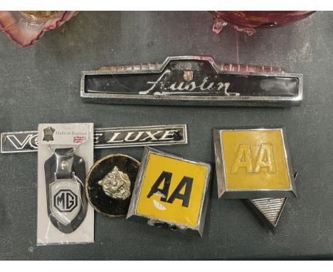 SEVEN VINTAGE CAR BADGES TO INCLUDE THE AA, AUSTIN, ETC 