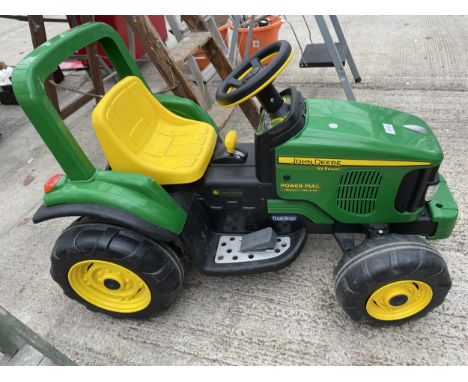 A JOHN DEERE POWER PULL RIDE ALONG ELECTRIC CHILDS TRACTOR 