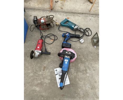 AN ASSORTMENT OF POWER TOOLS TO INCLUDE A SEALEY BENCH GRINDER, AN ANGLE GRINDER AND A CAR POLISHER ETC 