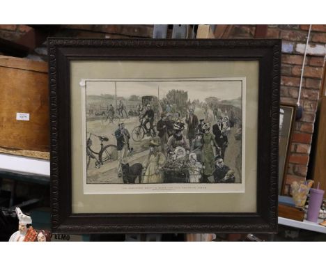 A FRAMED PRINT OF THE ENGRAVING BY WILLIAM HATHERELL 'ON PLEASURE BENT - A BANK HOLIDAY ROADSIDE SCENE 
