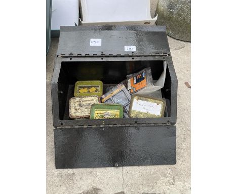 A METAL TOOL BOX WITH AN ASSORTMENT OF HARDWARE ETC 