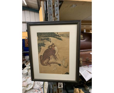 AN ORIENTAL PRINT OF A TIGER WITH HARES AND MAGPIES, WITH CHARACTER MARK SIGNATURE 