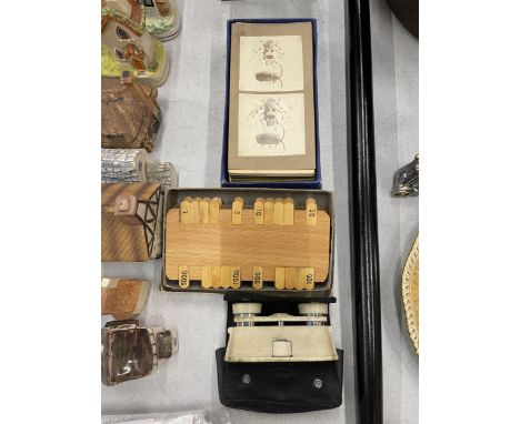 TWO WOODEN BEZIQUE BOARDS, A PAIR OF KERSHAW, WIDE ANGLE OPERA GLASSES, CASED PLUS A QUANTITY OF MAGIC LANTERN SLIDES 