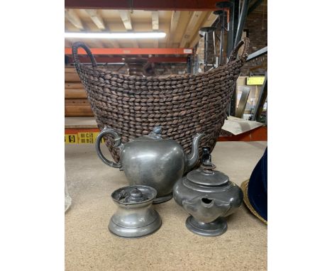 THREE PIECES OF VINTAGE PEWTER TO INCLUDE A SHIP'S INKWELL, TEAPOT WITH FLORAL FINIAL AND AN 'ALADDIN'S LAMP', PLUS A BASKET 