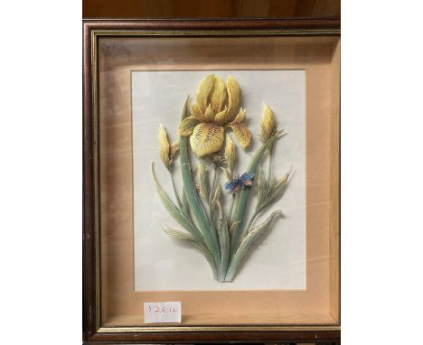 A FRAMED CERAMIC STUDY OF IRIS WITH A BUTTERFLY 