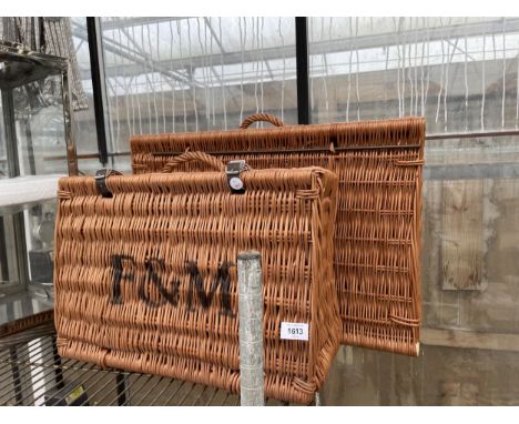 TWO VINTAGE WICKER HAMOER BASKETS TO INCLUDE ONE MARKED 'F&amp;M' 