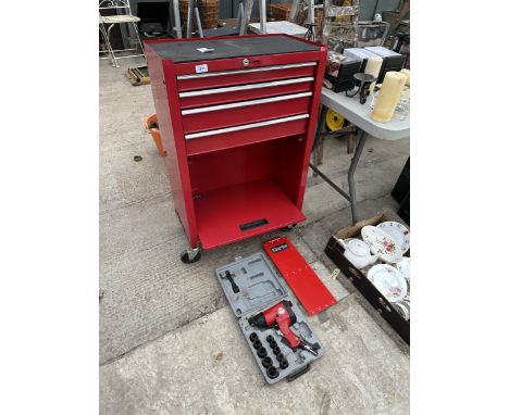 A CLARKE FOUR WHEELED METAL WORKSHOP UNIT AND A CLARKE AIR WRENCH SET 