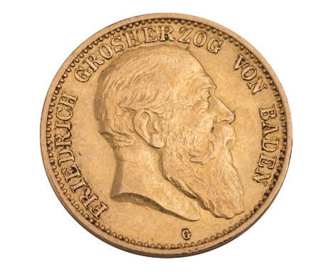 Baden/GOLD - 10 Mark 1904 G Friedrich, ca. 3,58 g fein, ss, etwas fleckig| Baden/GOLD - 10 marks 1904 G Frederic, approx. 3.5