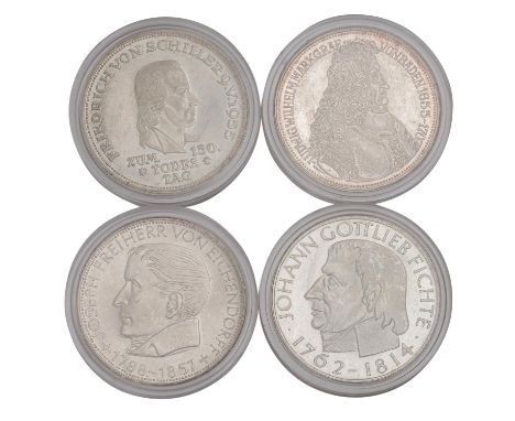 BRD - 4-teiliges Konvolut - 1 x BRD - 5 DM 1955/G, Markgraf von Baden, ss-vz, Tönung, Kratzer, 1 x BRD - 5 DM Eichendorff 189