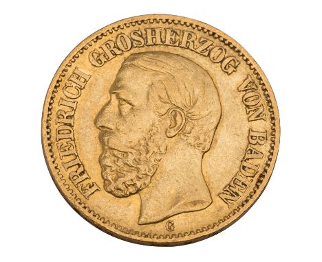 Deutsches Kaiserreich / Baden - 20 Mark 1872/G, Grossherzog Friedrich, ca. 7,16 Gramm Gold fein, ss| German Empire / Baden - 