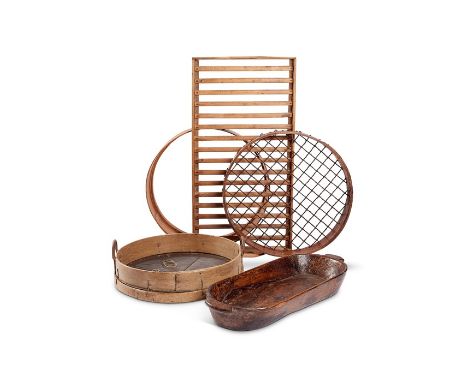 A vintage oak apple tray, a dough trough and two sieves
Each 88cm wide, 66cm wide and 49cm and 56cm diameter respectively. (4