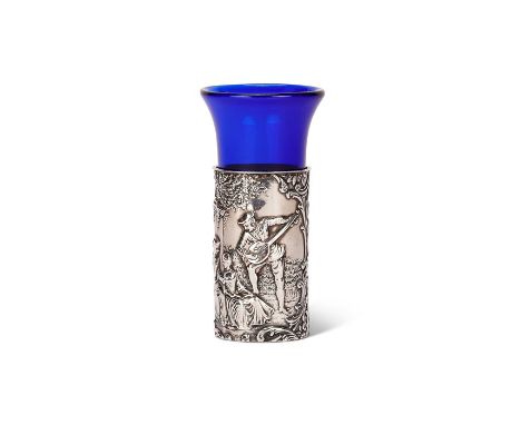 A small late Victorian silver vase with blue glass liner, Birmingham, 1900
Embossed with two ladies seated being serenaded by