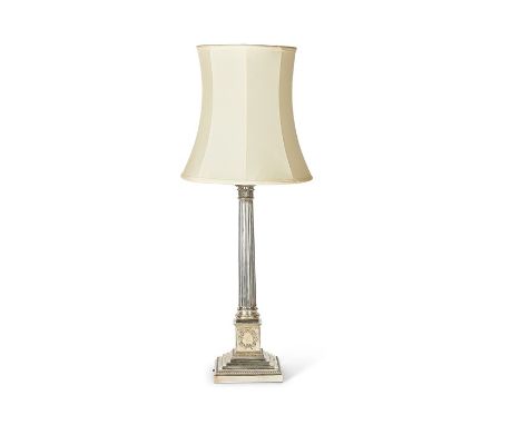 A silver plated corinthian column table lamp
60cm including fitting, needs, wiring, together with a shade.