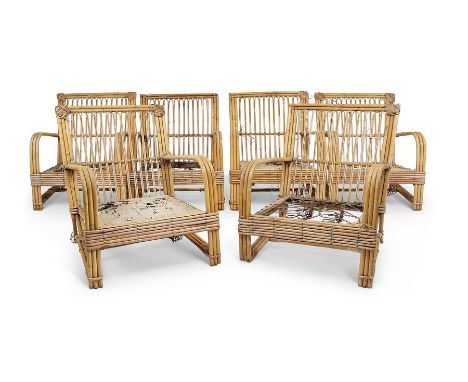 A set of six vintage Fortnum &amp; Mason bamboo lounge or conservatory chairs, circa 1935
With rectangular sloping backs, ope