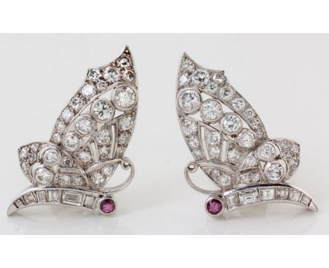 Each designed as a butterfly, set throughout with round brilliant-, baguette- and single-cut diamonds weighing approximately 