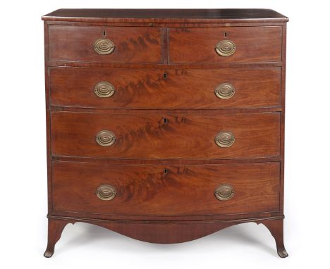 The crossbanded top above a pair of short cockbeaded frieze drawers, three long graduated cockbeaded drawers below, shaped ap