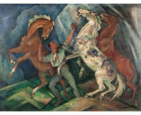 Harold T Bengen (German 1879-1962) THREE HORSES IN A THUNDERSTORM signed oil on canvas 111 by 146cm Harold T Bengen was a Ger