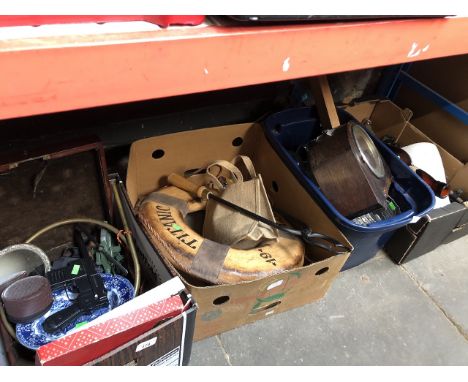 Four boxes of misc items including mantle clock, glassware, pottery, tripod, wooden lifebelt, large beer bottle etc 