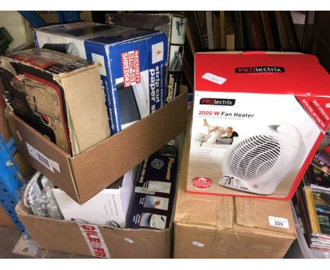 A collection of electricals including Bell and Howell projector (No power lead), shredder, drill, paint stripper, fan heater,