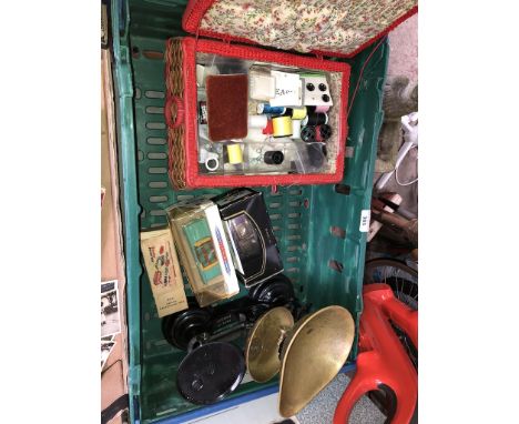 A mixed box including cast weighing scales, sewing box and contents, toy cars including Brimtoy refuse collecting van, Corgi 